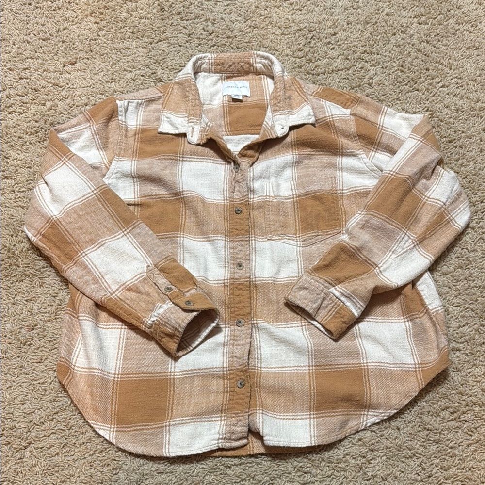 American Eagle Outfitters Tan and White Plaid Shirt